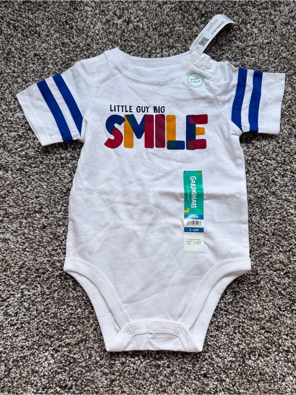 NEW White Short-Sleeve Bodysuit with Blue Stripes & Colorful SMILE Logo